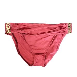 Becca By Rebecca Virtue Bikini Bottom Size Large Maroon Red Bronze Metal Details
